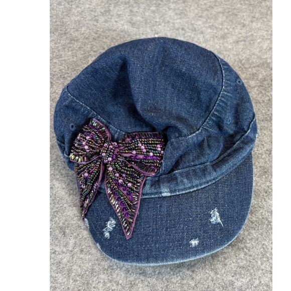 Mega Cap Hat Womens One Size Blue Denim Beaded Bow Embellished Distressed Y2K - Picture 2 of 7